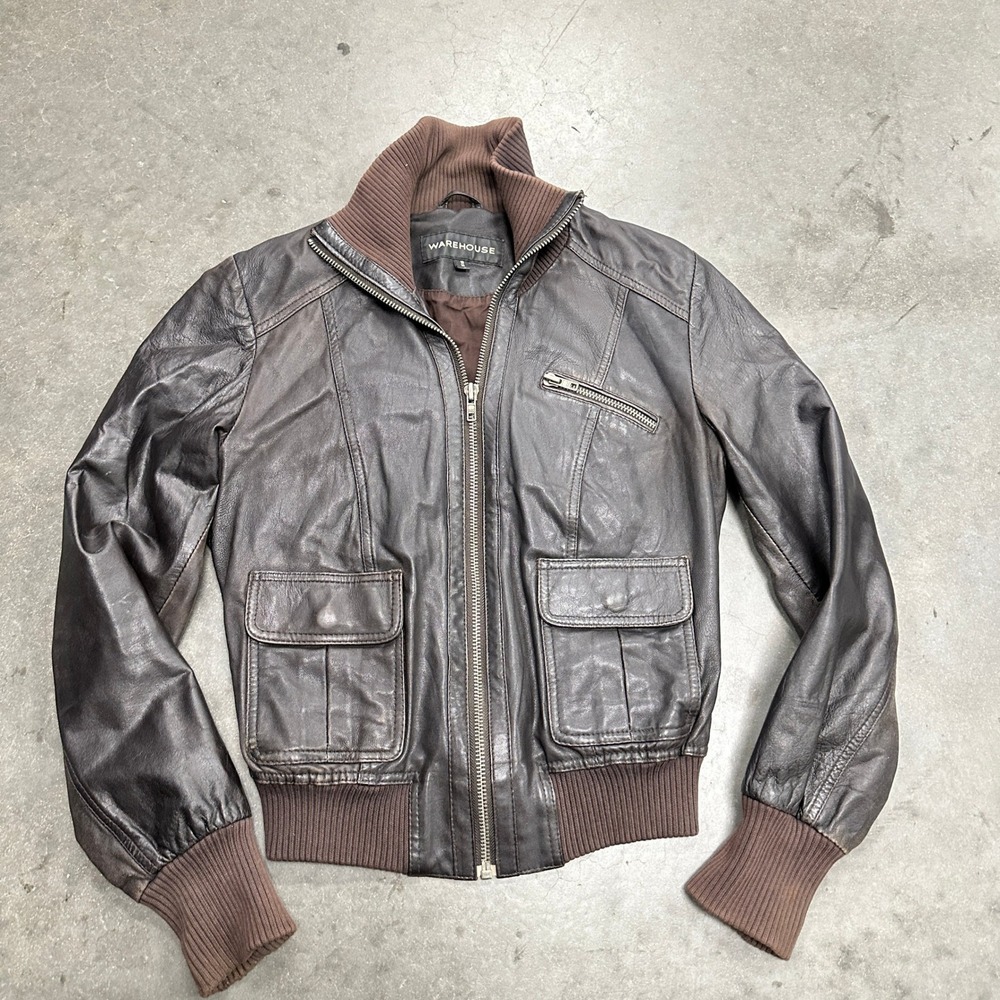 Warehouse Womens Brown Leather Bomber Jacket Ribbed Knit Trim Size UK 10 US 6